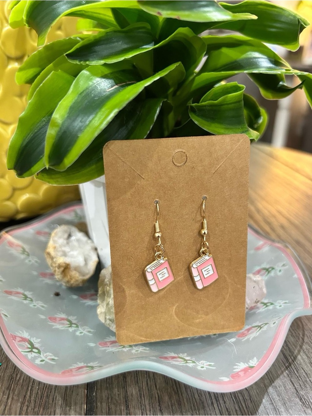 Pink Book Charm Drop Earrings - Gold Hooks